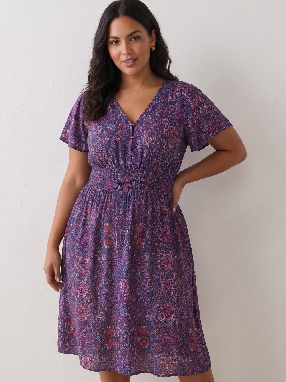 Terra & Sky Purple Paisley V‑Neck Smocked-Waist Dress